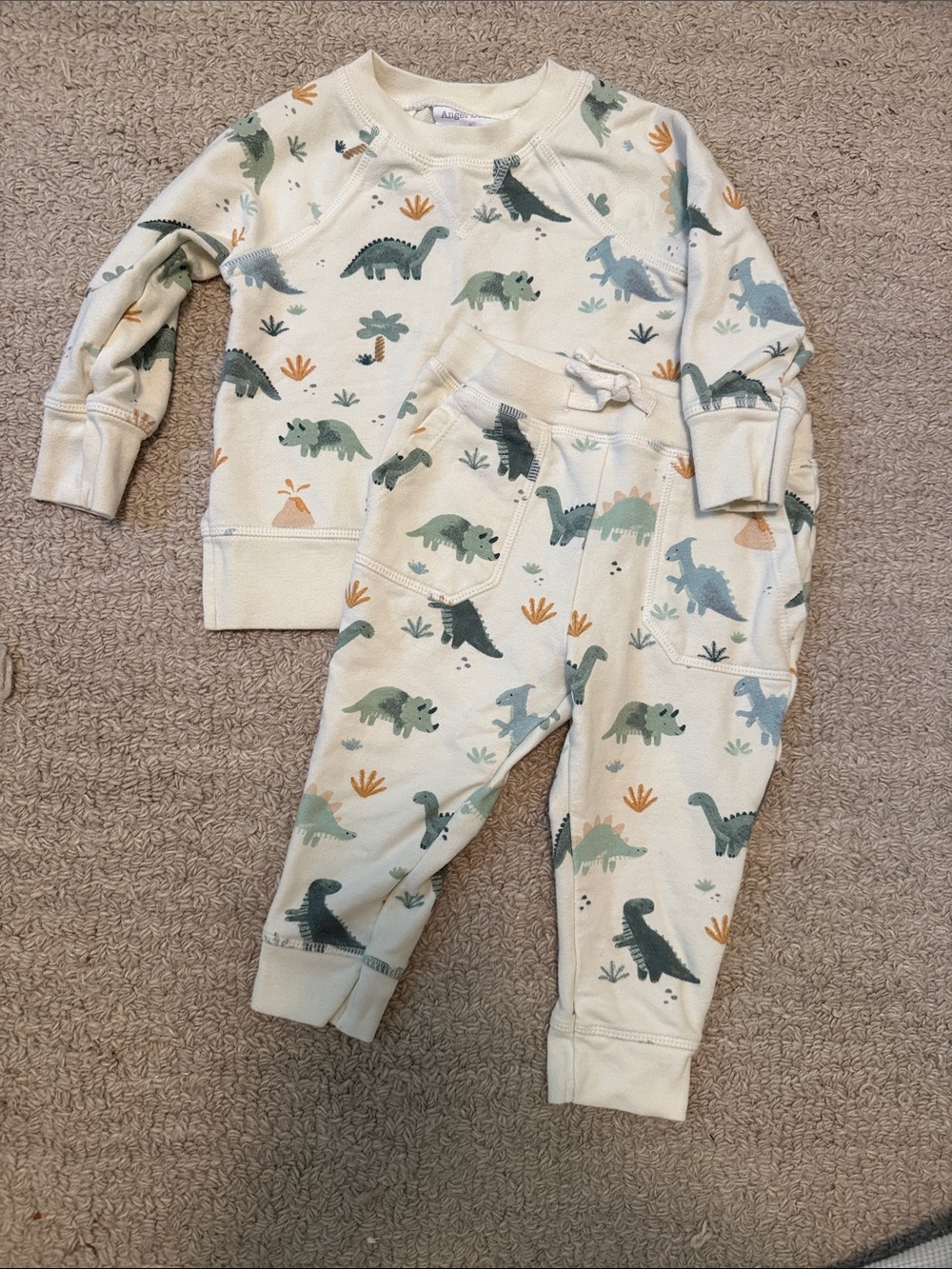 Angel Dear Cream Baby Sweatshirt & Joggers with Green Dino Print